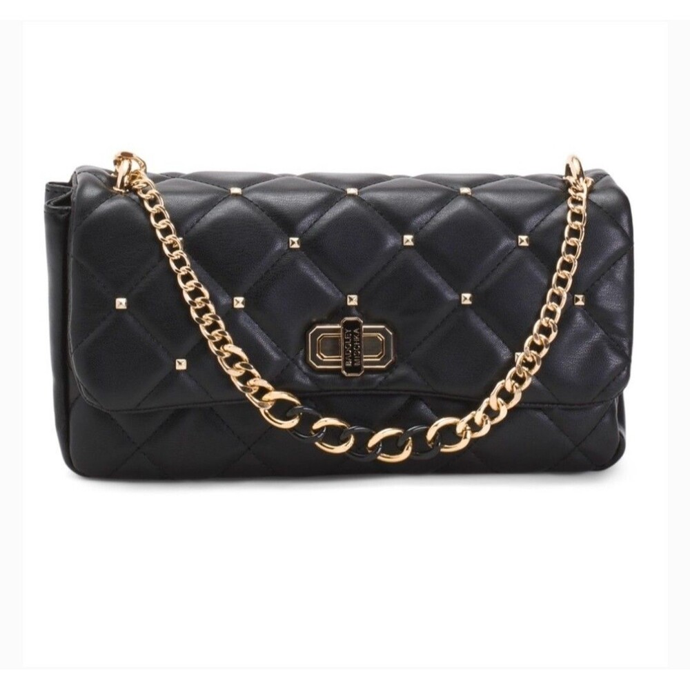Nice BADGLEY MISCHKA Black w/Gold Studded LEATHER Evening HandBag Purse VguC